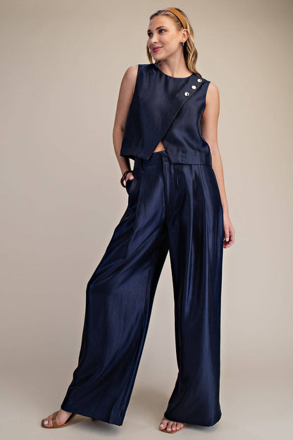 High-Waisted Double Pleat Pants (Navy)