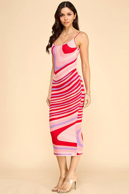 SPAGHETTI STRAP SWIRL KNITTED BODYCON MIDI DRESS (FUCHSIA)