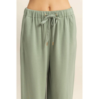 Knit Wide-Leg Trousers With Drawstring Waist  (SAGE GREEN)