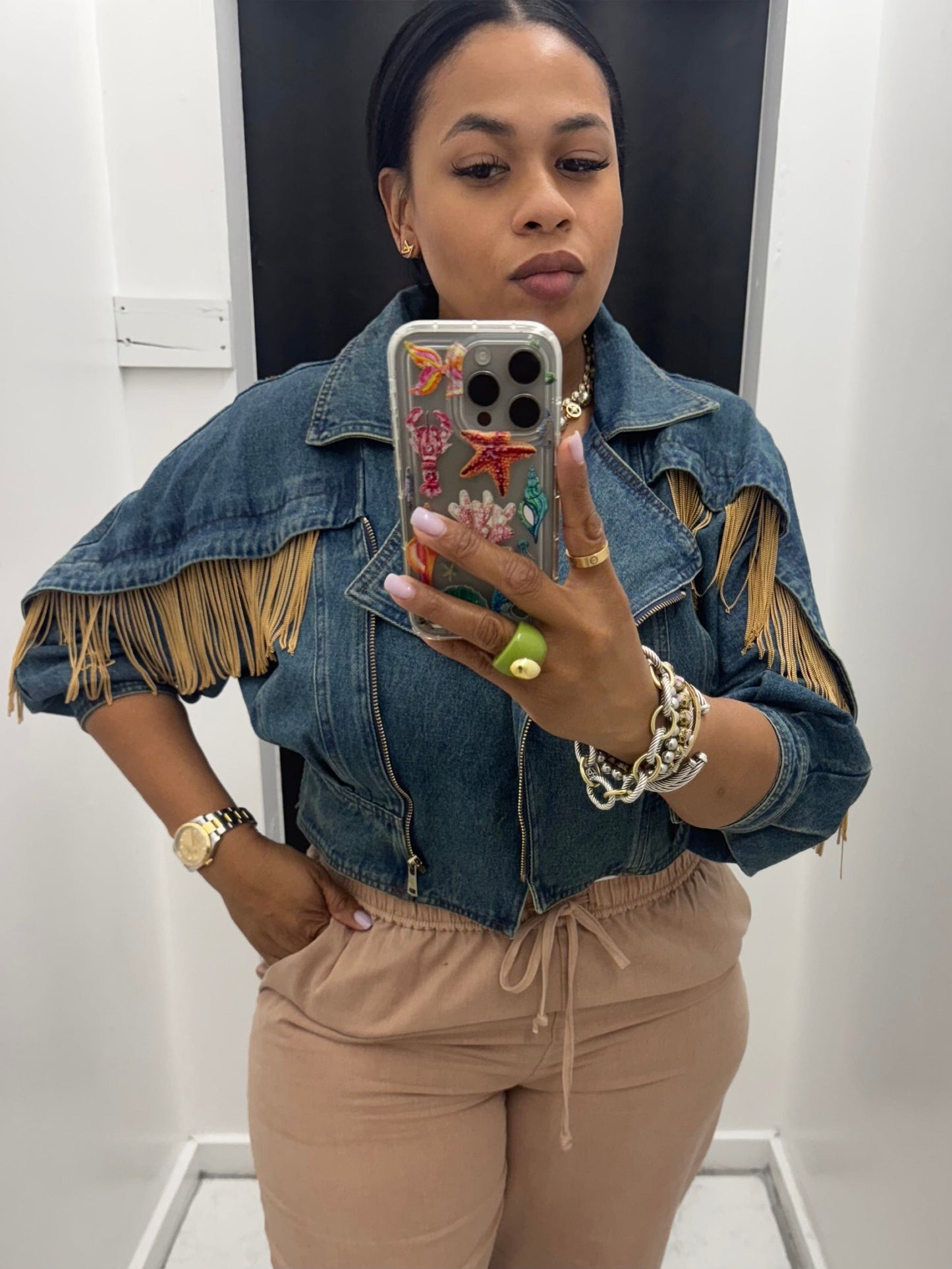 Denim Gold Fringe Jacket