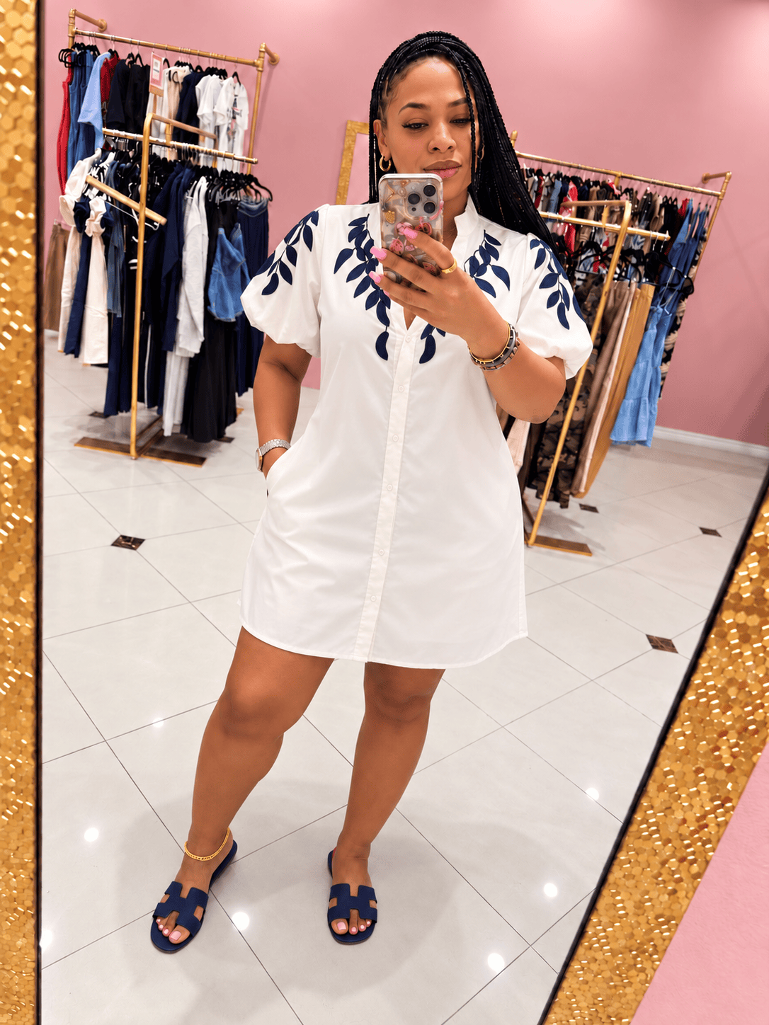 Coastal Charm Embroidered Shirt Dress (Ivory)