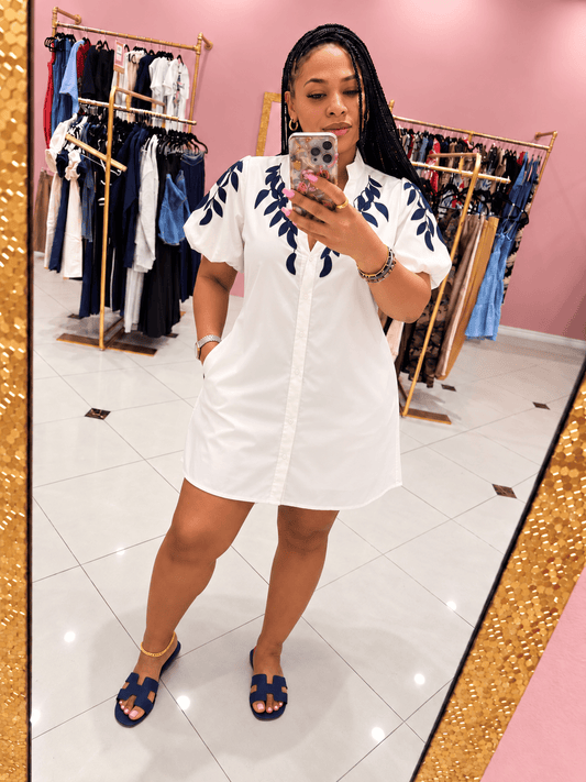 Coastal Charm Embroidered Shirt Dress (Ivory)