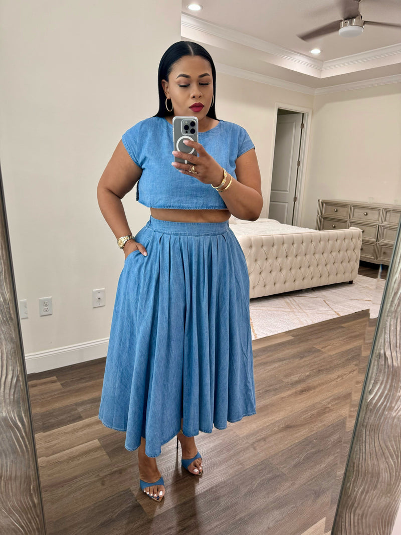 Hampton Denim Crop Top and Midi Skirt Set