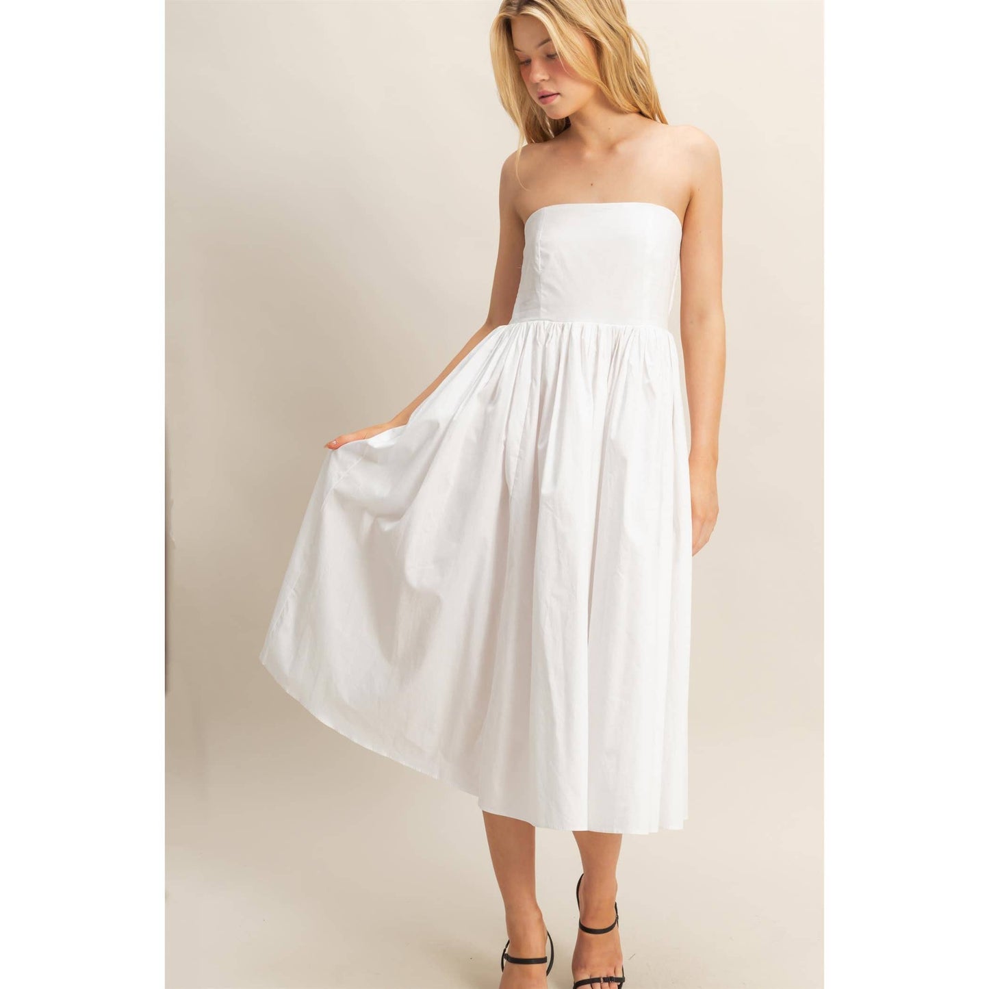 Elegant Fit And Flare Midi Dress: WHITE / S-M-L(2-2-2)