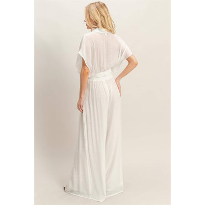 Collared Wrap Top & Wide-Leg Pants Set (White)