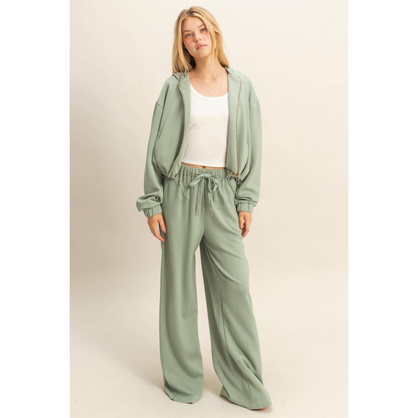 Knit Wide-Leg Trousers With Drawstring Waist  (SAGE GREEN)