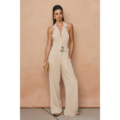 Heaven Sent Collared Halter Neck Jumpsuit (Oatmeal)