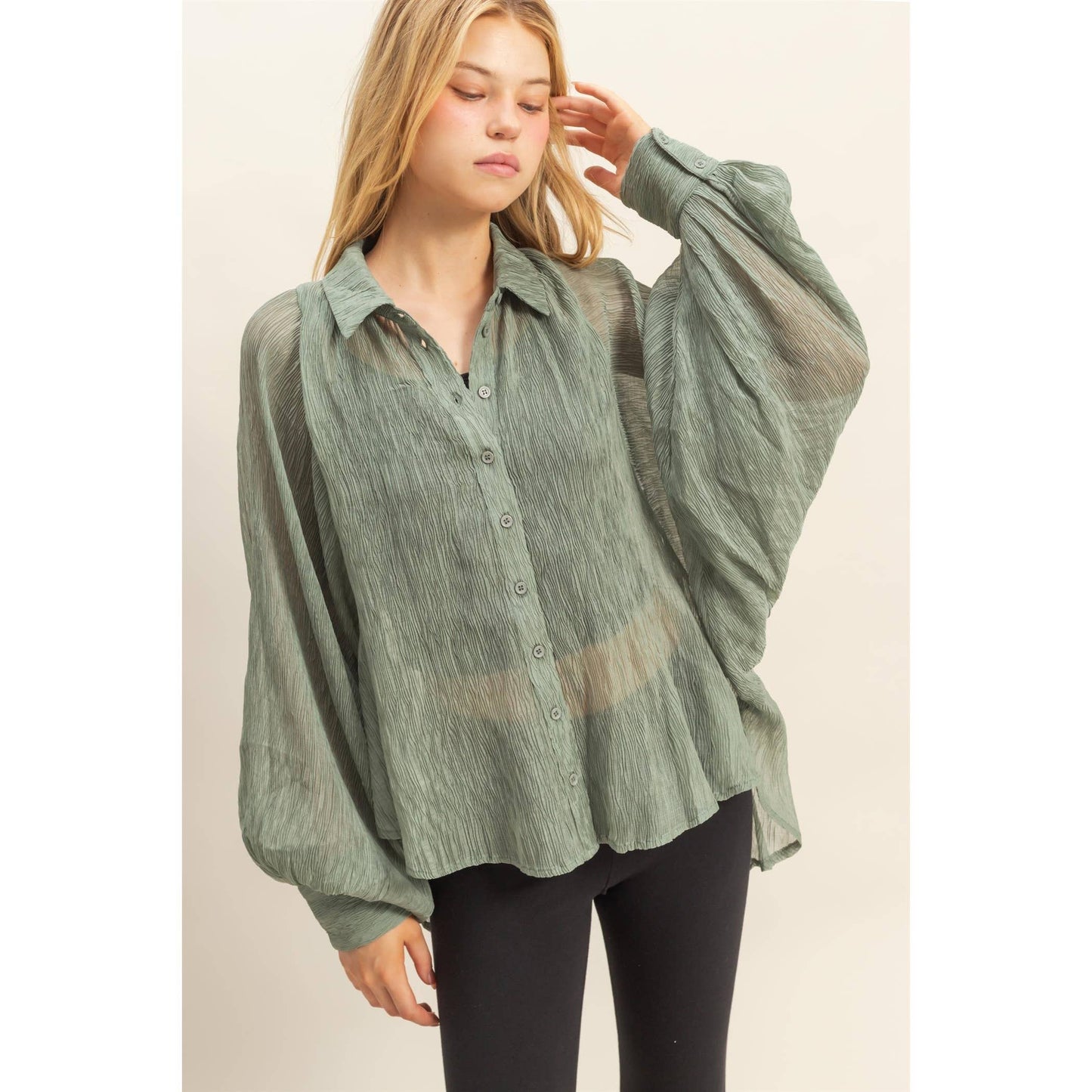 Chic Textured Button-Down Shirt (IVORY)