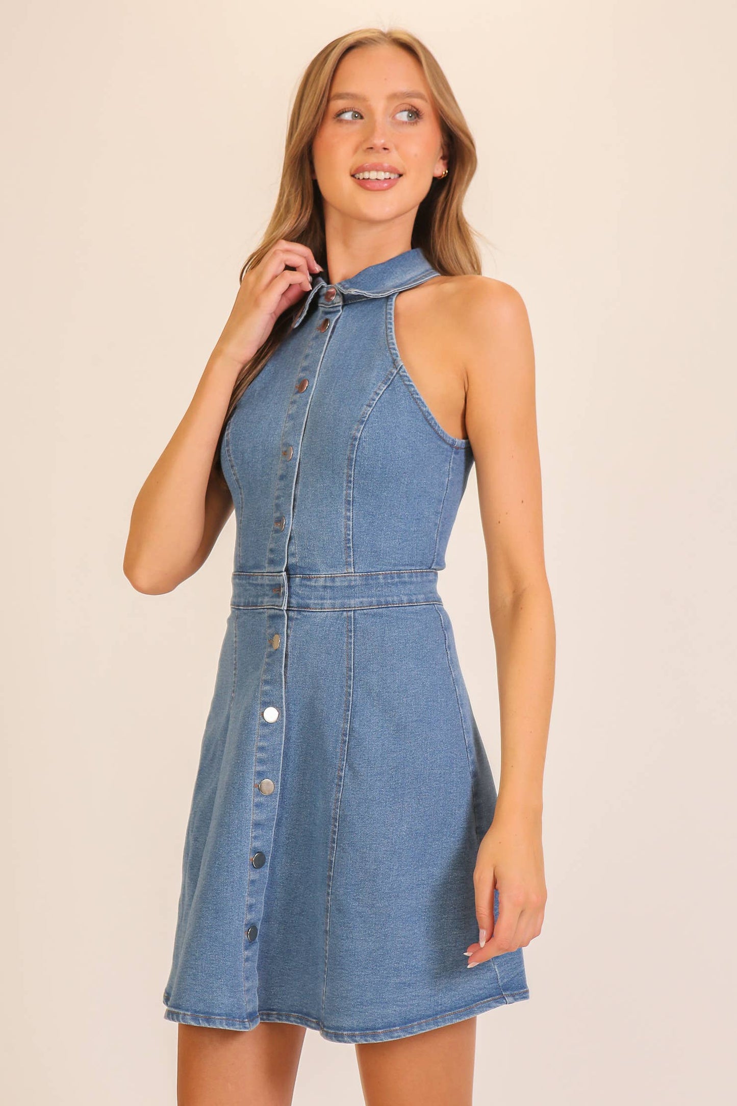 Stretchy Denim Button-Front Dress