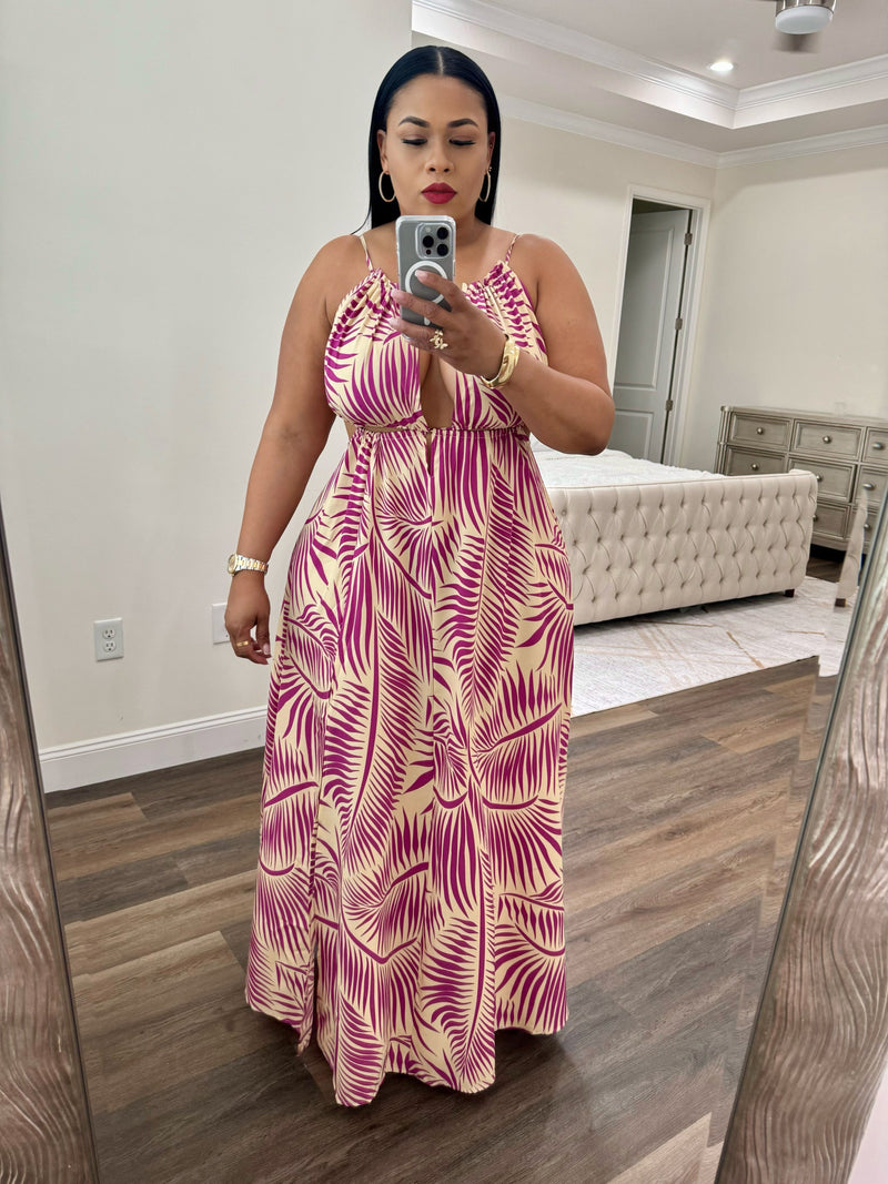 Printed Cut Out Maxi Dress (Magenta Multi)