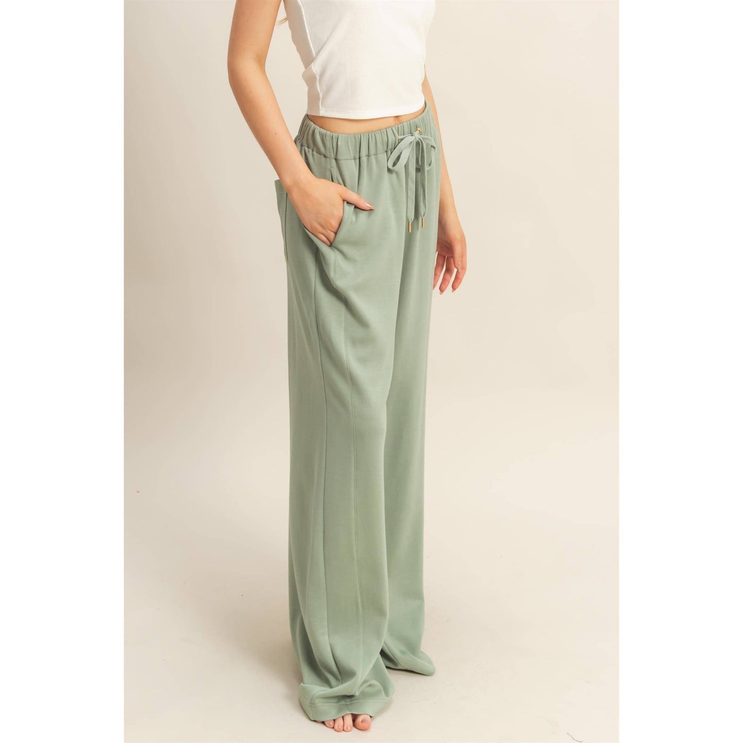 Knit Wide-Leg Trousers With Drawstring Waist  (SAGE GREEN)