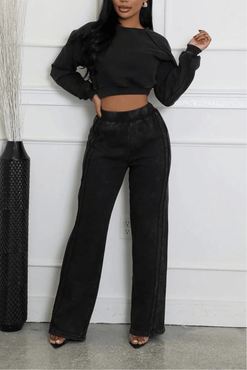 Crop Pullover And Pants Set (Black)