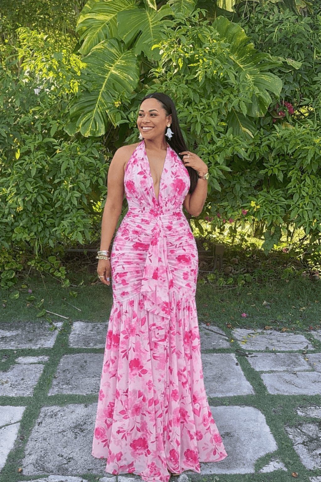 Pink Floral Halter Maxi Dress