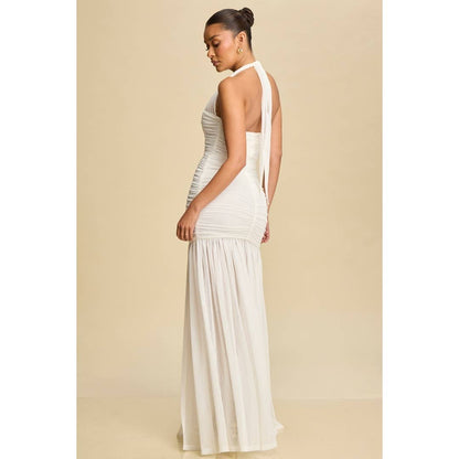 RUCHED MESH HALTER DRESS (White)