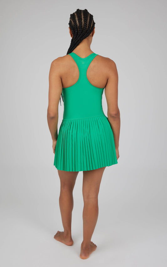 Women's Lux Racer Back Mini Pleated Tennis Dress with Cups (Emerald Green)