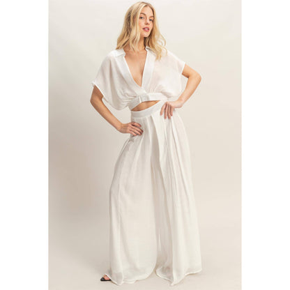 Collared Wrap Top & Wide-Leg Pants Set (White)