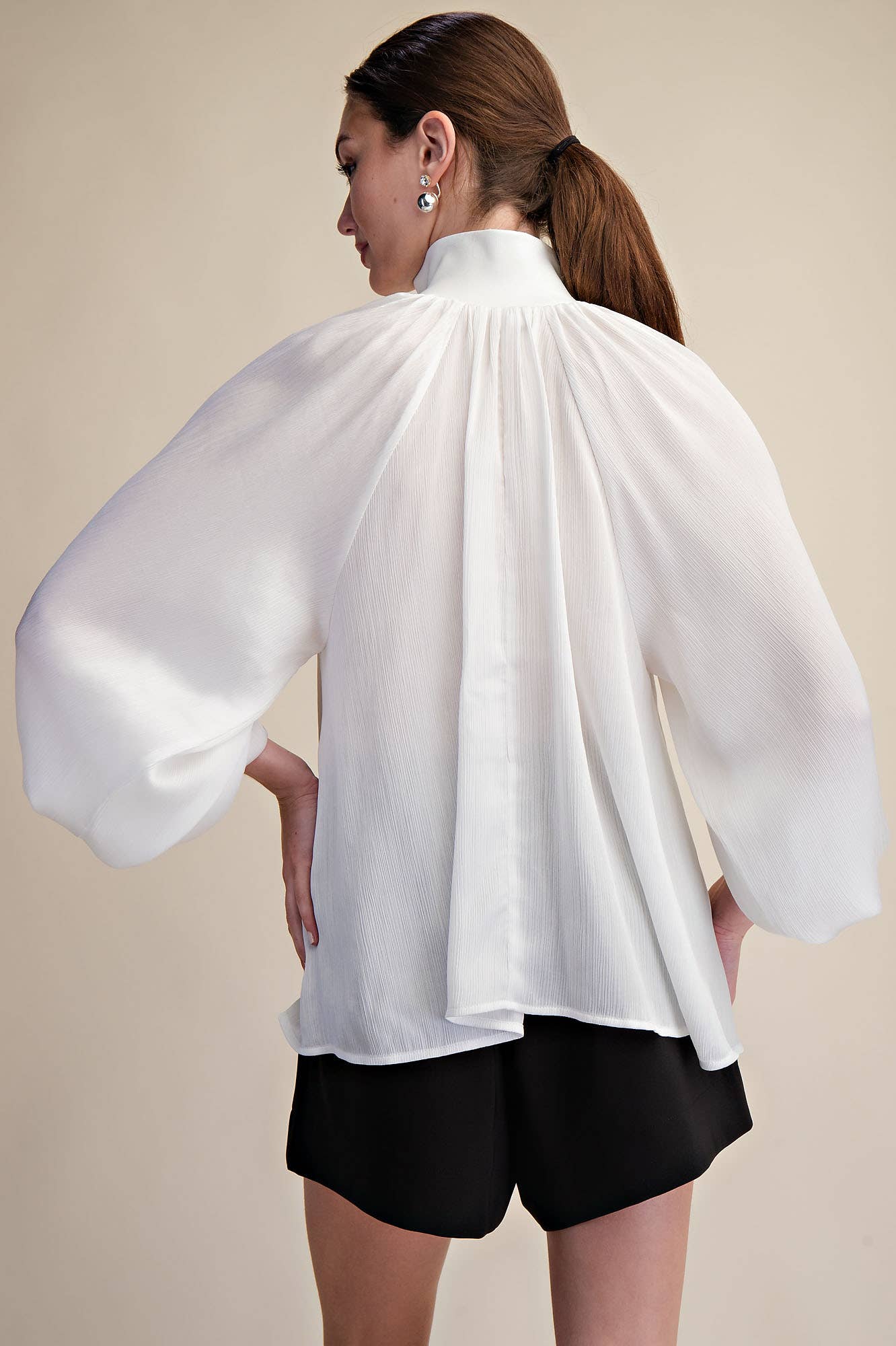Mock Neck Band Long Sleeve Blouse (White)