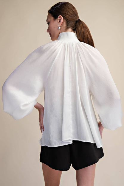 Mock Neck Band Long Sleeve Blouse (White)