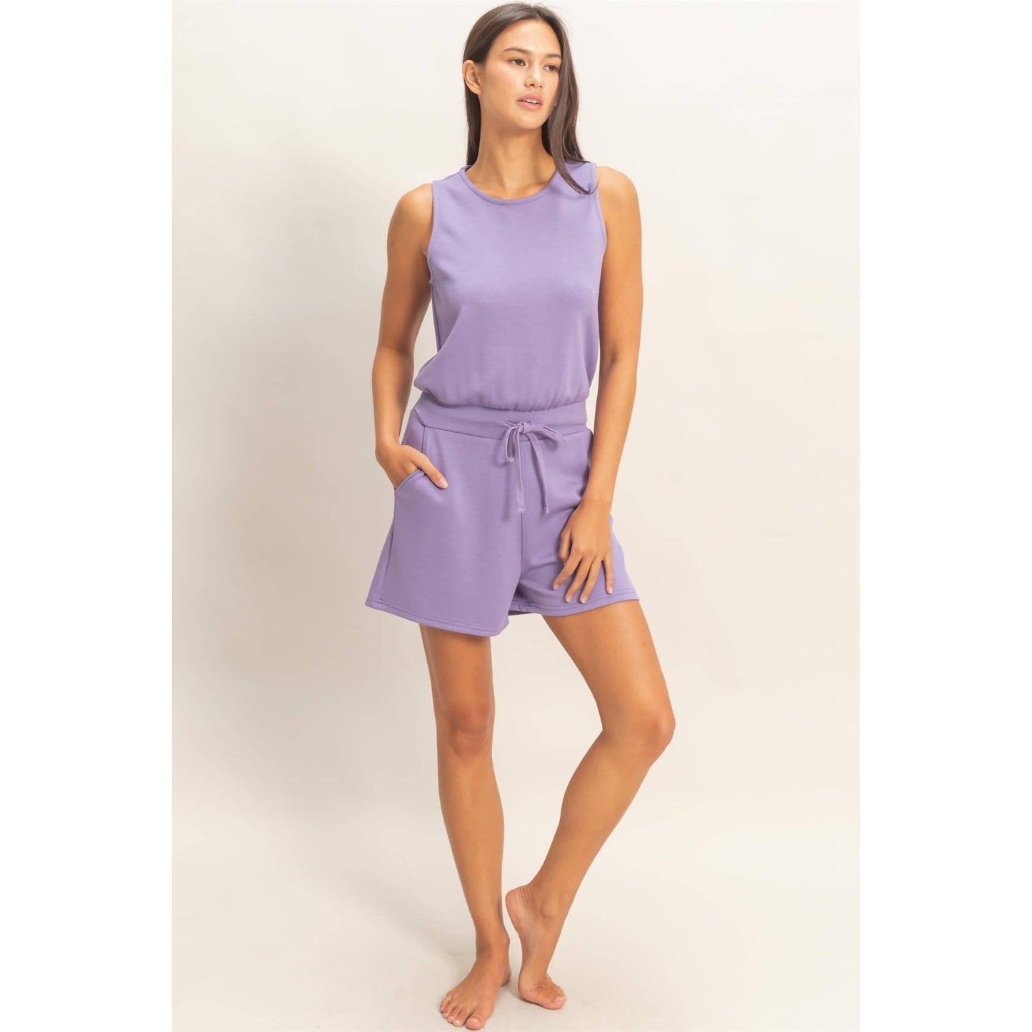 Drawstring Waist Sleeveless Romper (LAVENDER)