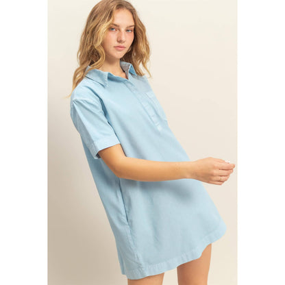Half Button Up Short Sleeve Mini Dress (CREAM)