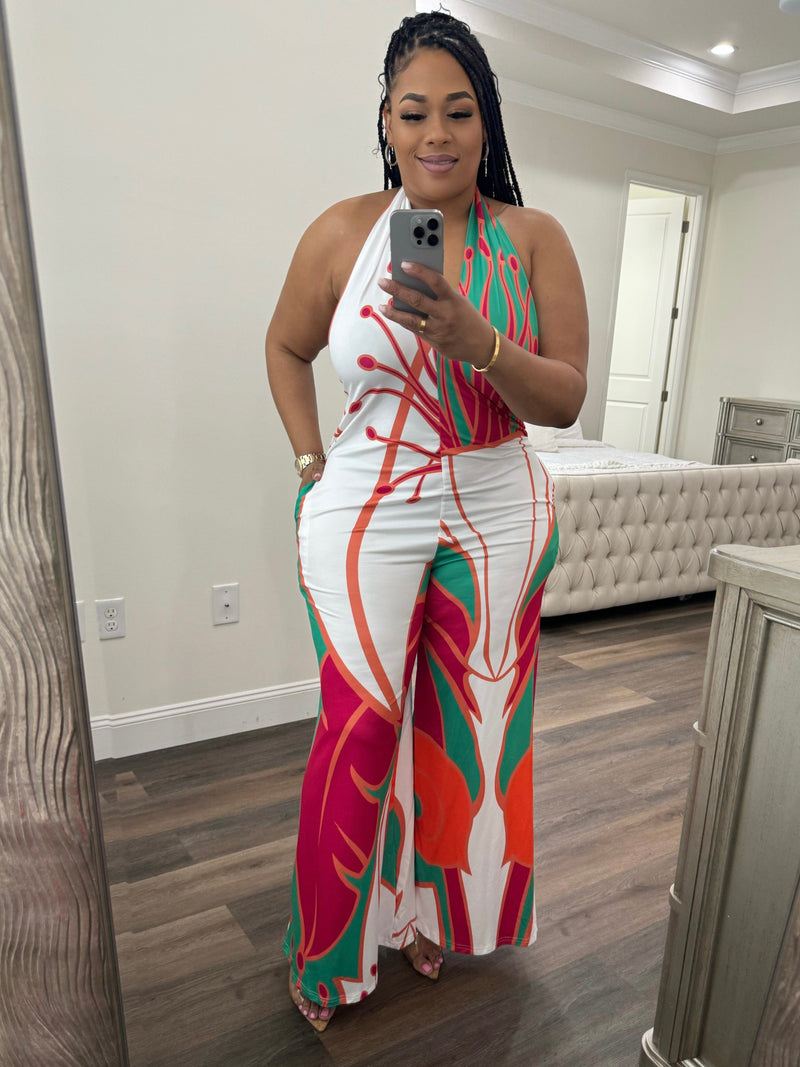 Chic Printed Backless Jumpsuit (Pink Multi Color)