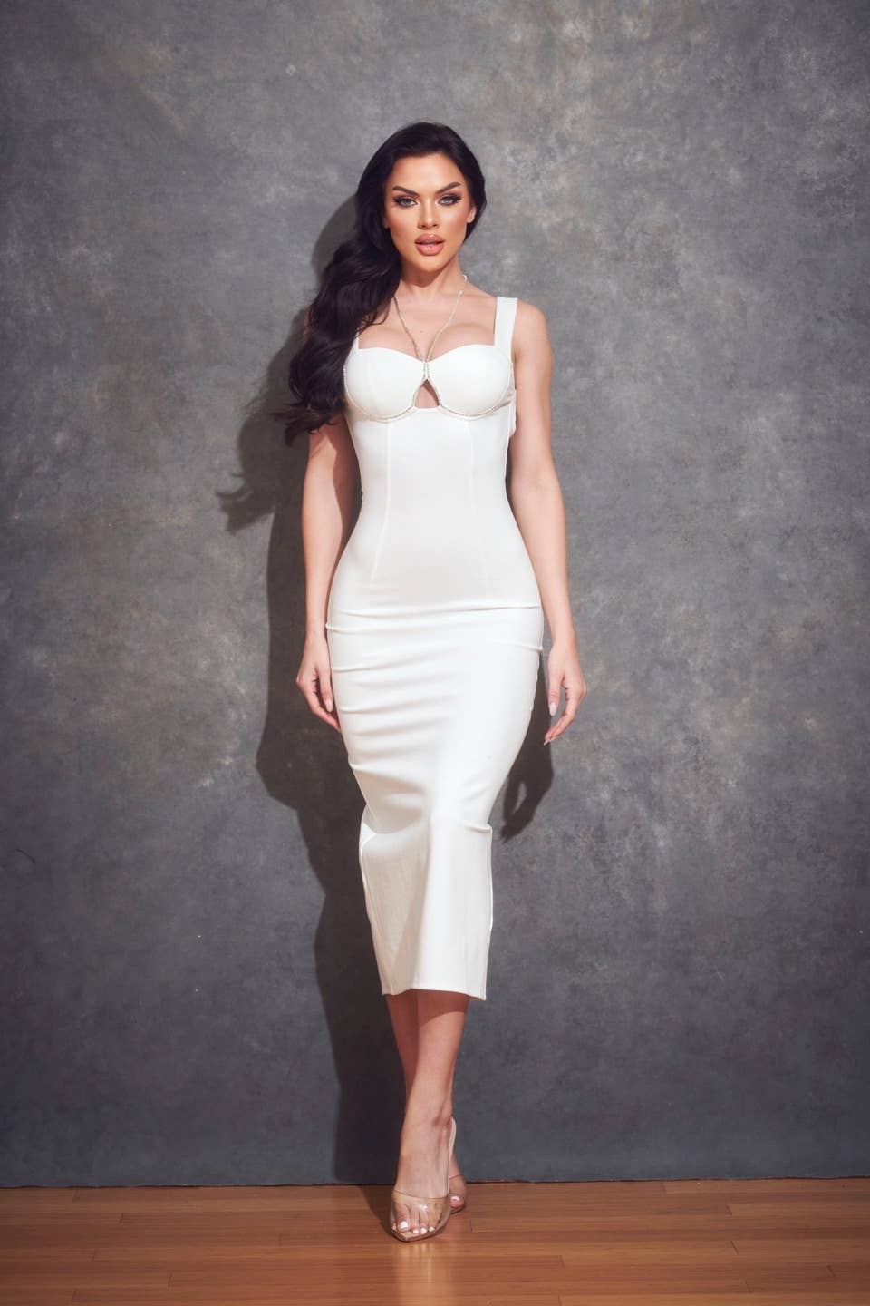 Ponte Midi Dress with Rhinestone (White)