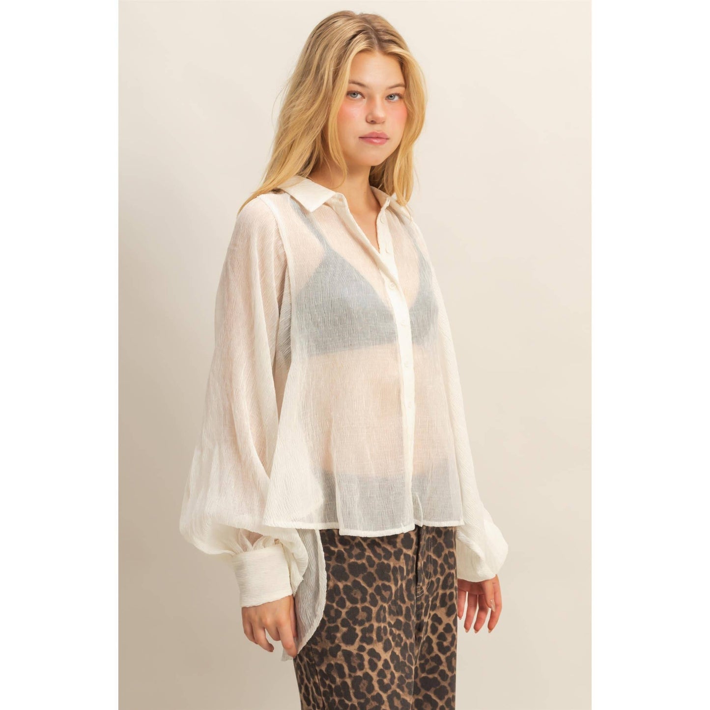Chic Textured Button-Down Shirt (IVORY)