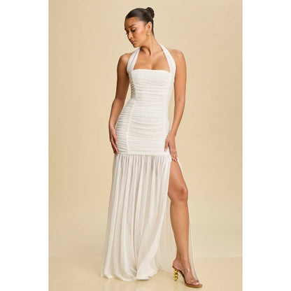 RUCHED MESH HALTER DRESS (White)