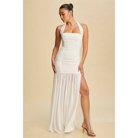 RUCHED MESH HALTER DRESS (White)