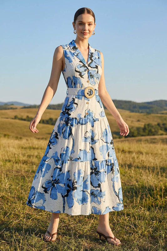 PRINTED SLEEVELESS LONG DRESS WITH BELT