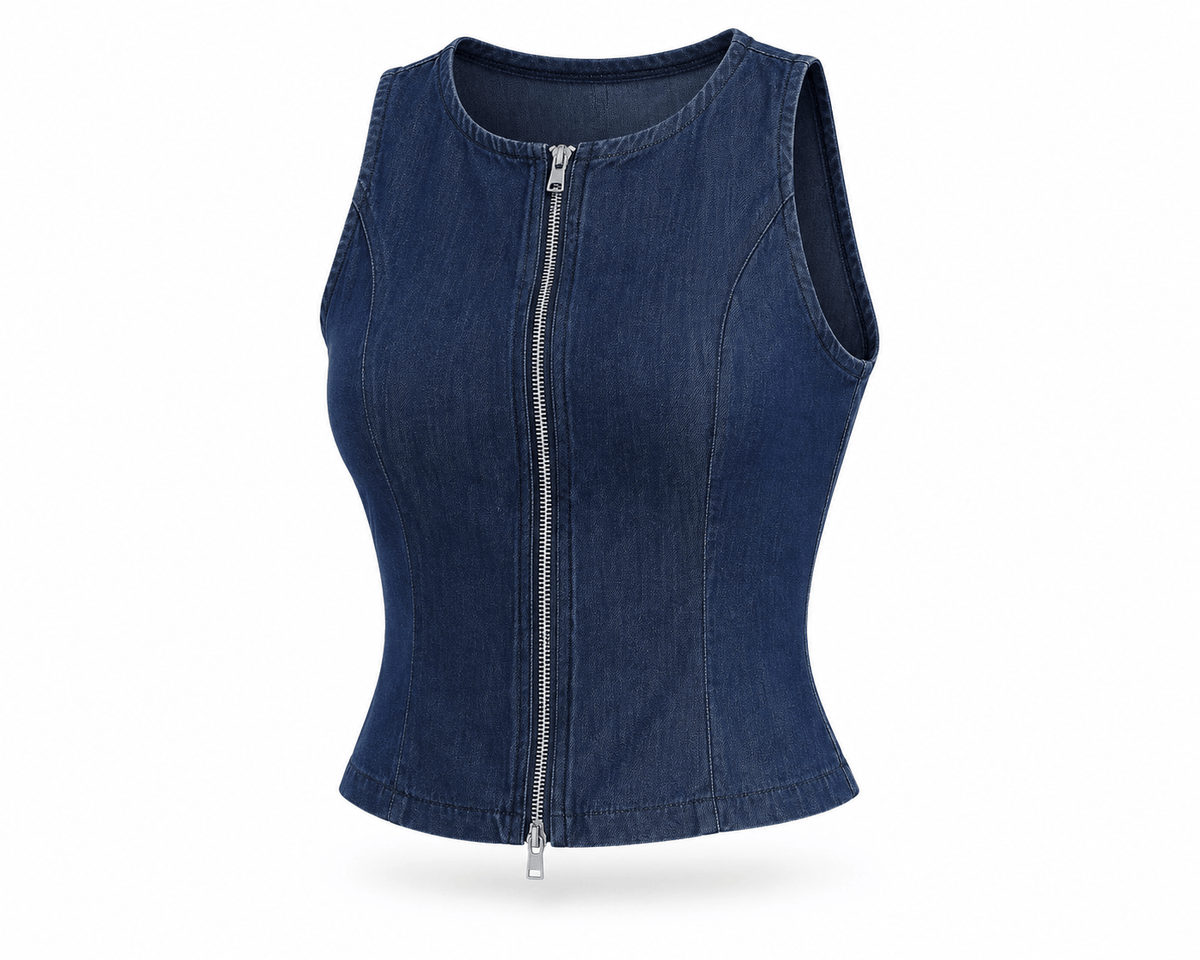 Zip Front Tencel Denim Vét (Dark Wash)