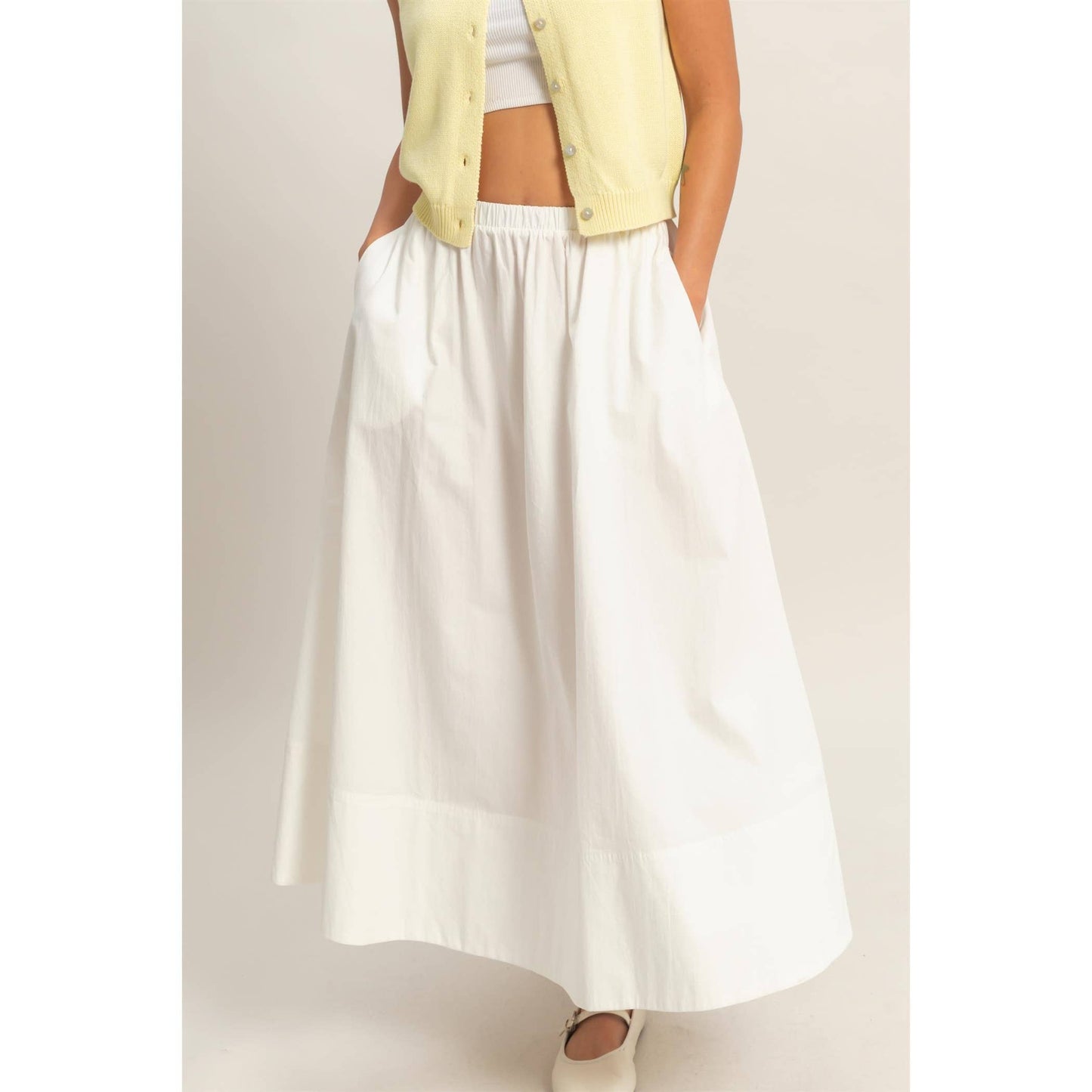 Elastic Waist Midi Poplin Skirt (White)