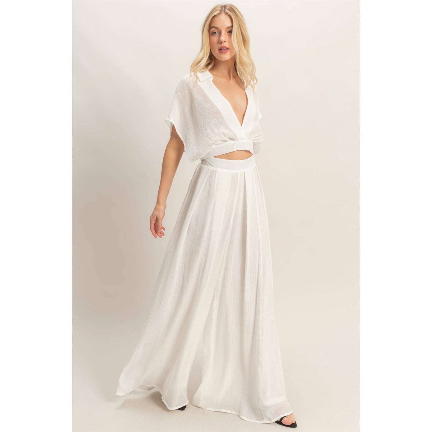 Collared Wrap Top & Wide-Leg Pants Set (White)