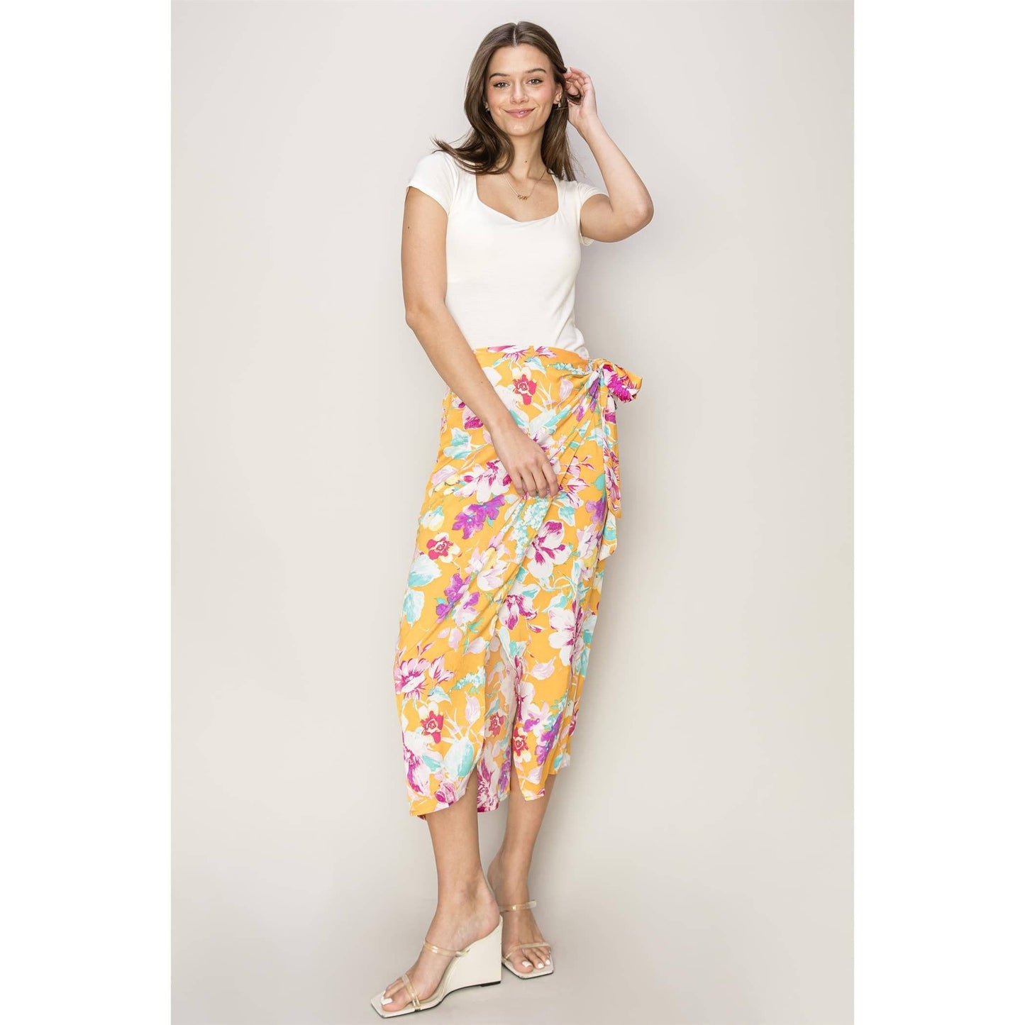 Floral Print Wrap And Tie Skirt (ORANGE)
