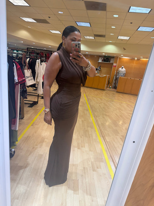 Mesh Cowl Maxi Dress (Chocolate)