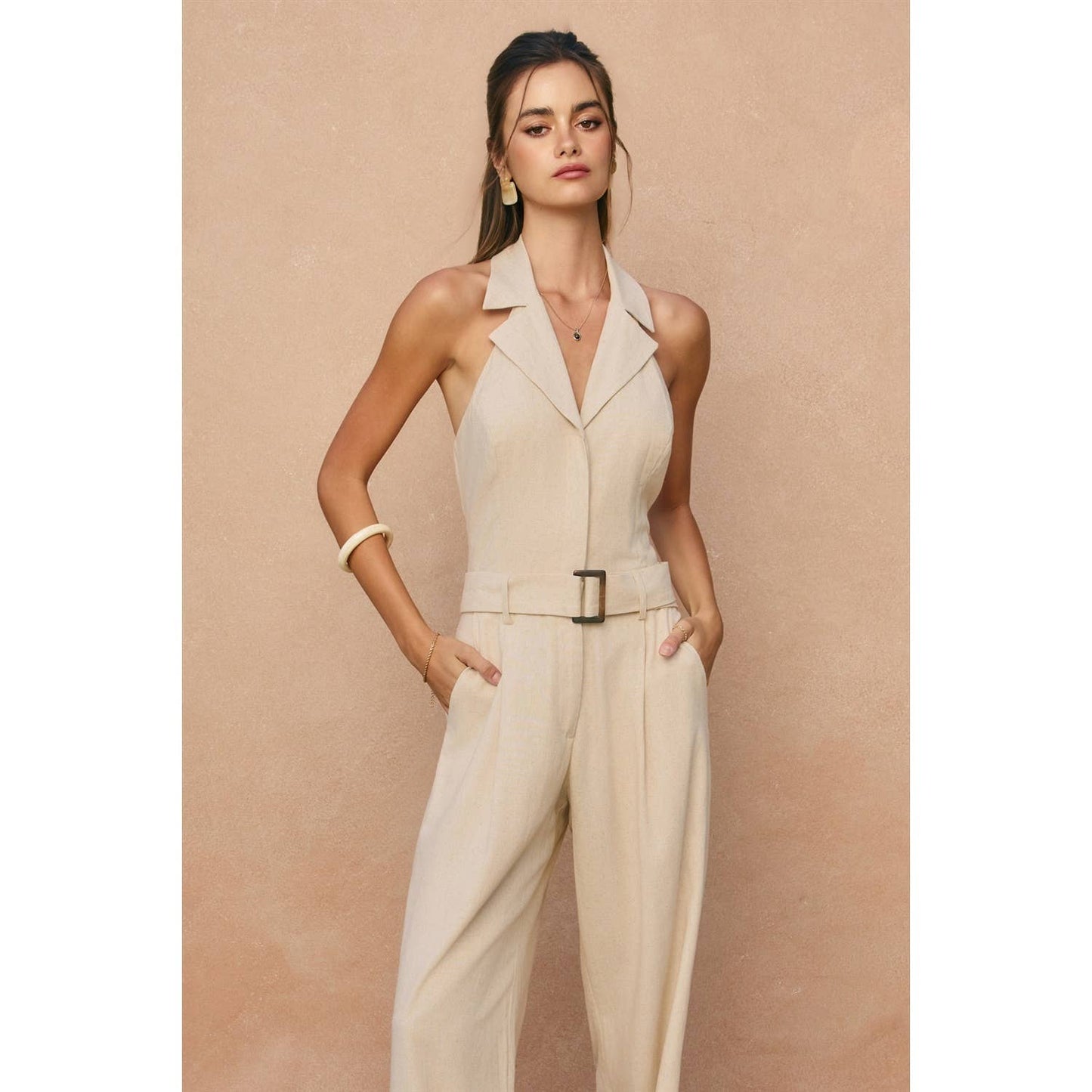 Heaven Sent Collared Halter Neck Jumpsuit (Oatmeal)