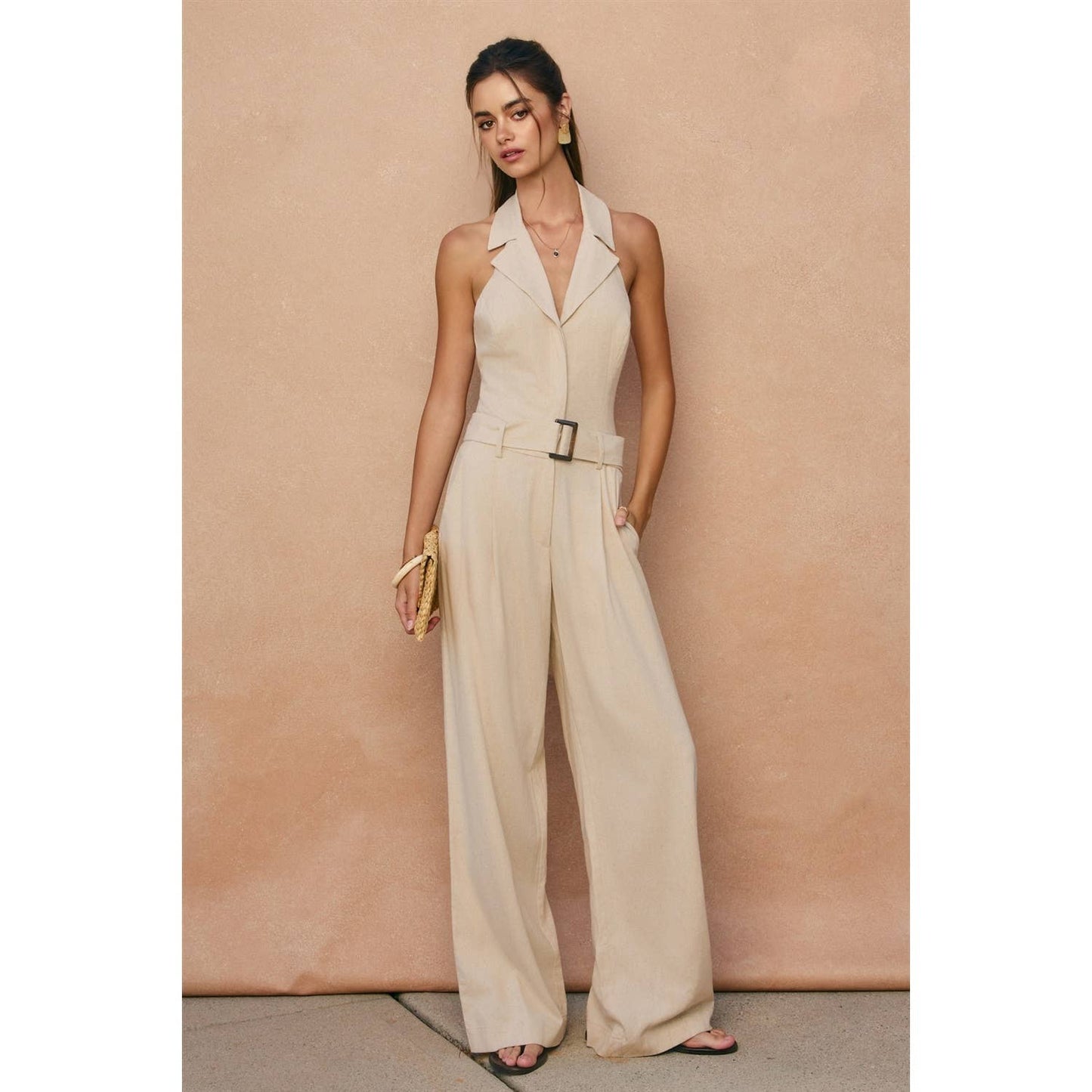 Heaven Sent Collared Halter Neck Jumpsuit (Oatmeal)