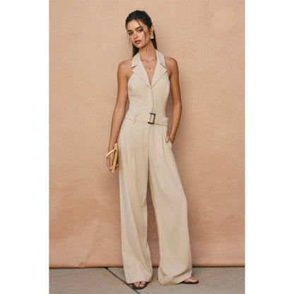 Heaven Sent Collared Halter Neck Jumpsuit (Oatmeal)