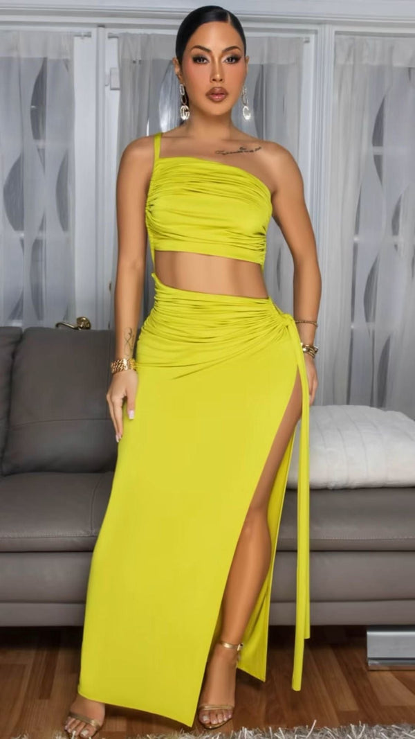 Asymmetrical One Shoulder Maxi Dress (Lime)