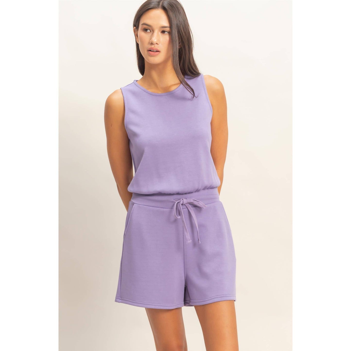 Drawstring Waist Sleeveless Romper (LAVENDER)