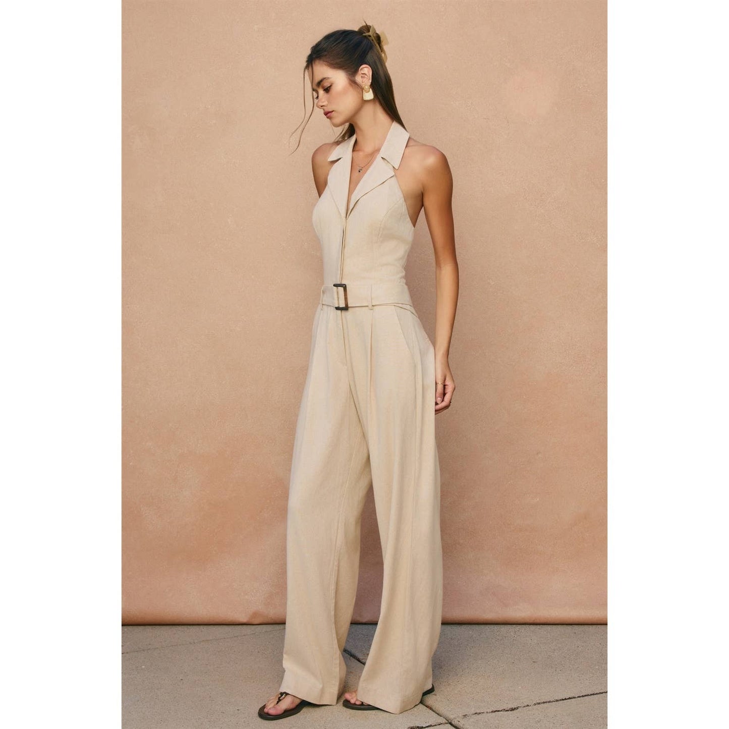 Heaven Sent Collared Halter Neck Jumpsuit (Oatmeal)