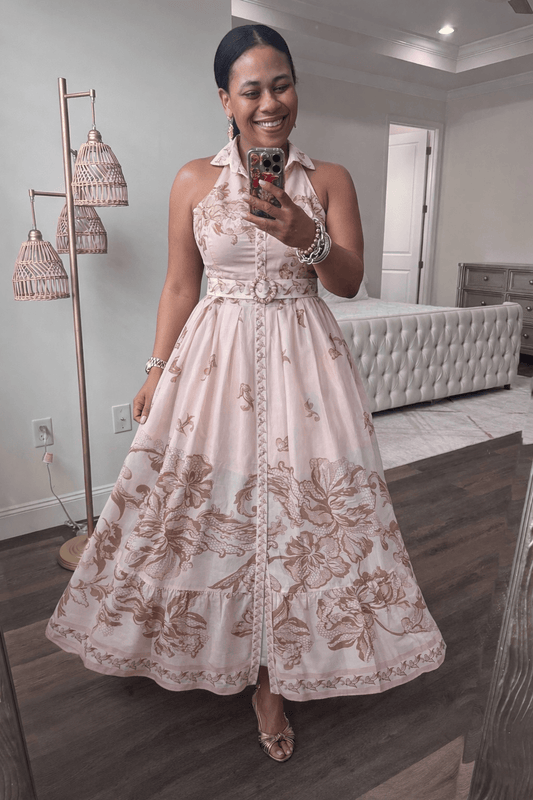 Dress Print Button Collar Belt Midi