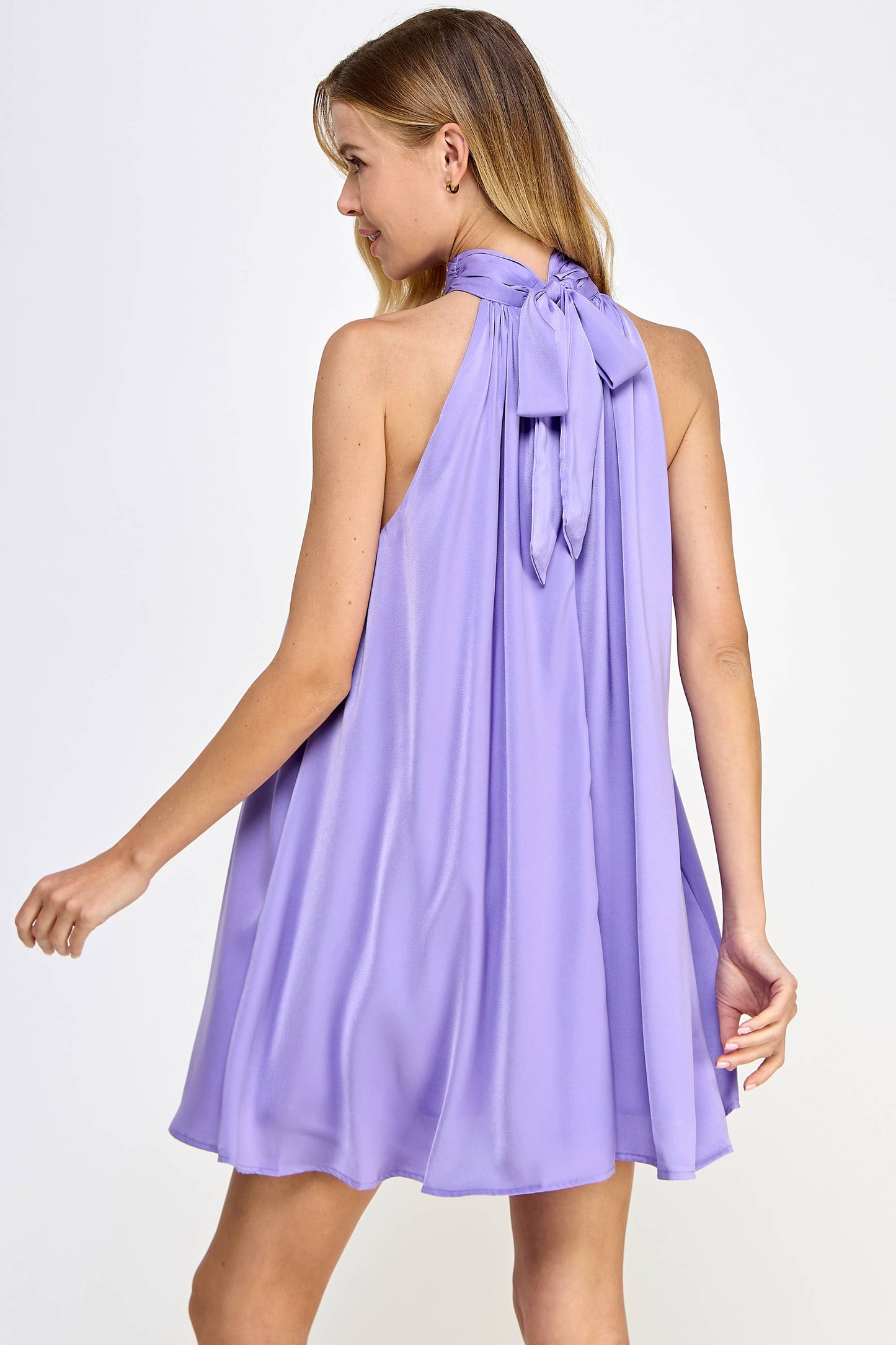 Mock Neck Halter Satin Mini Dress (LILAC)