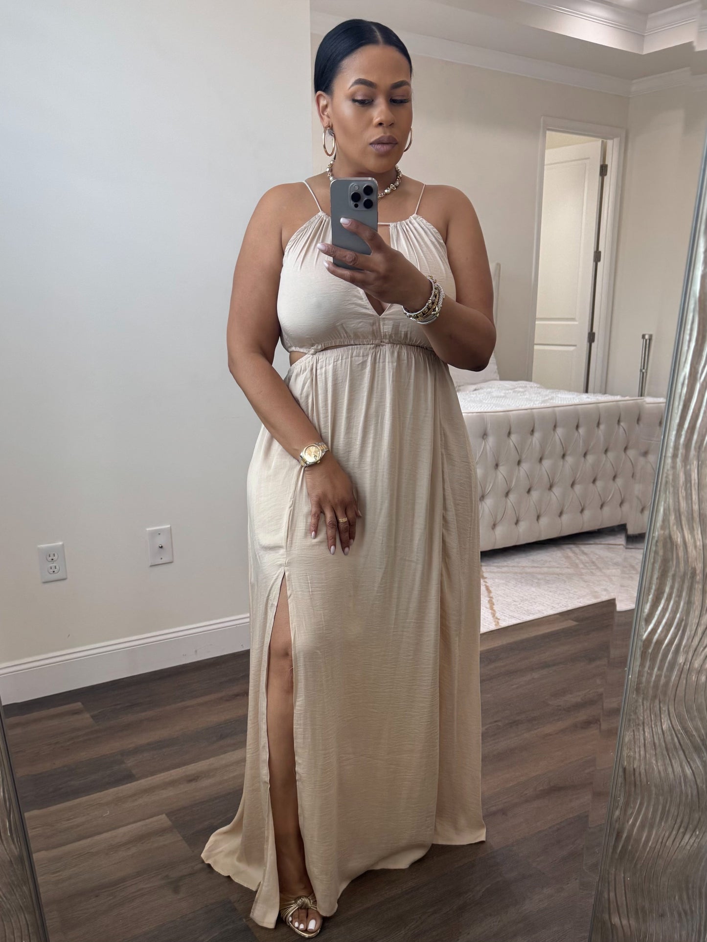 Side Cutout Side Slit Maxi Dress (Tan)