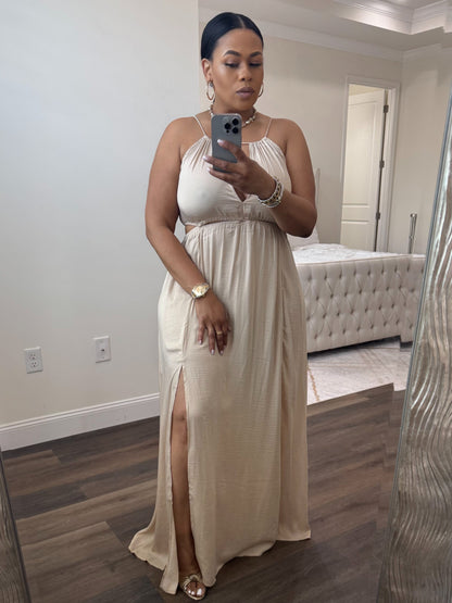Side Cutout Side Slit Maxi Dress (Tan)
