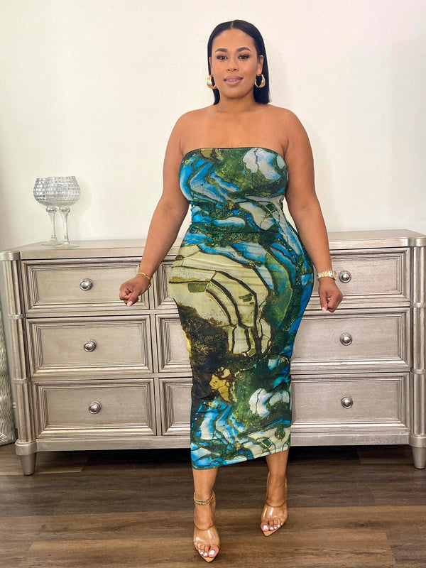 Greece Mesh Tube Midi Dress (Green Multicolor)