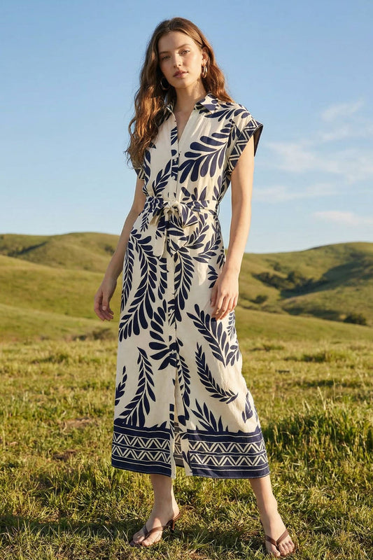 PRINTED ROLL-UP SLVS SIDE RUCHED FRONT MIDI DRESS