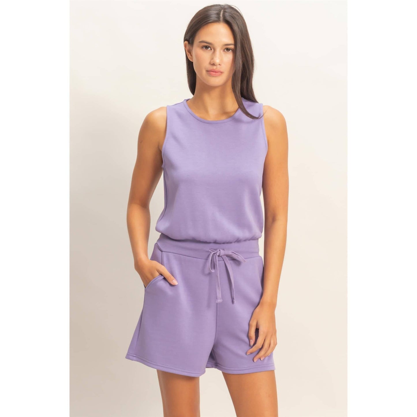 Drawstring Waist Sleeveless Romper (LAVENDER)