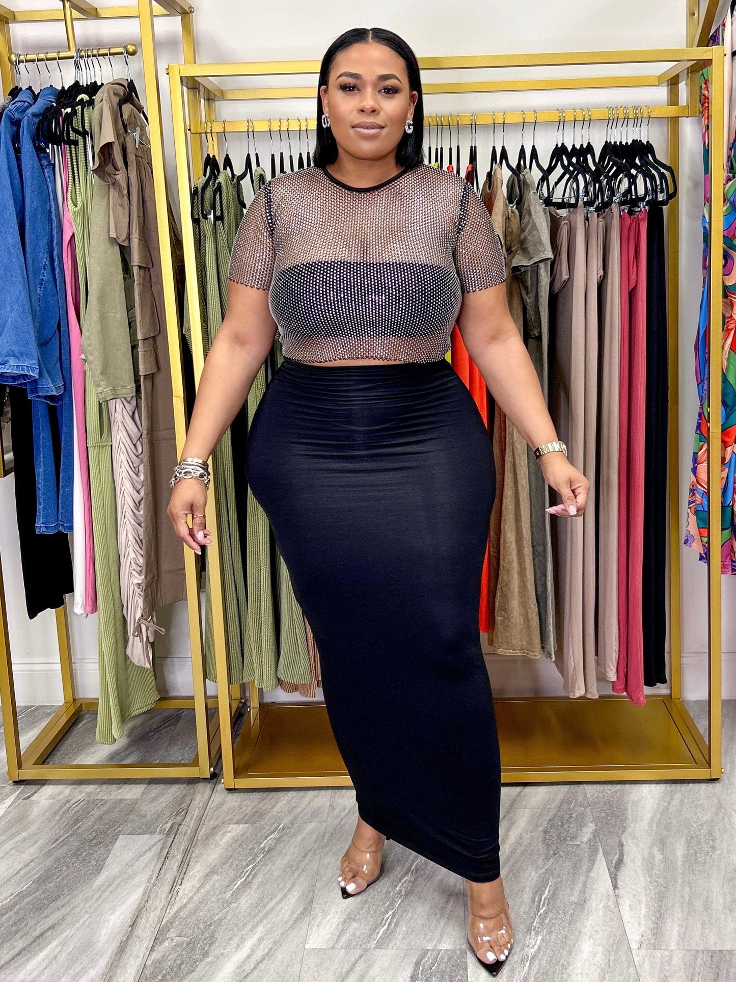 Bandeau Crop Top And Pencil Skirt Set "Black"