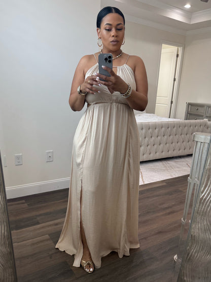 Side Cutout Side Slit Maxi Dress (Tan)